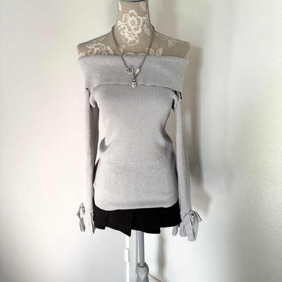 7th Avenue Design Studio New York & Company Sweaters - 7th Avenue New York & Company Silver Metallic Off Shoulder Ribbed Sweater Medium
